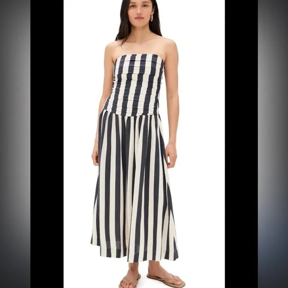 NWT Moon River Stripe Ruched Strapless Midi Dress Vacation Beach Size Small - Picture 2 of 8